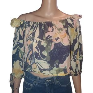 Free People Size S Shasta Boho Blue Floral Short Off Shoulder TOP ONLY